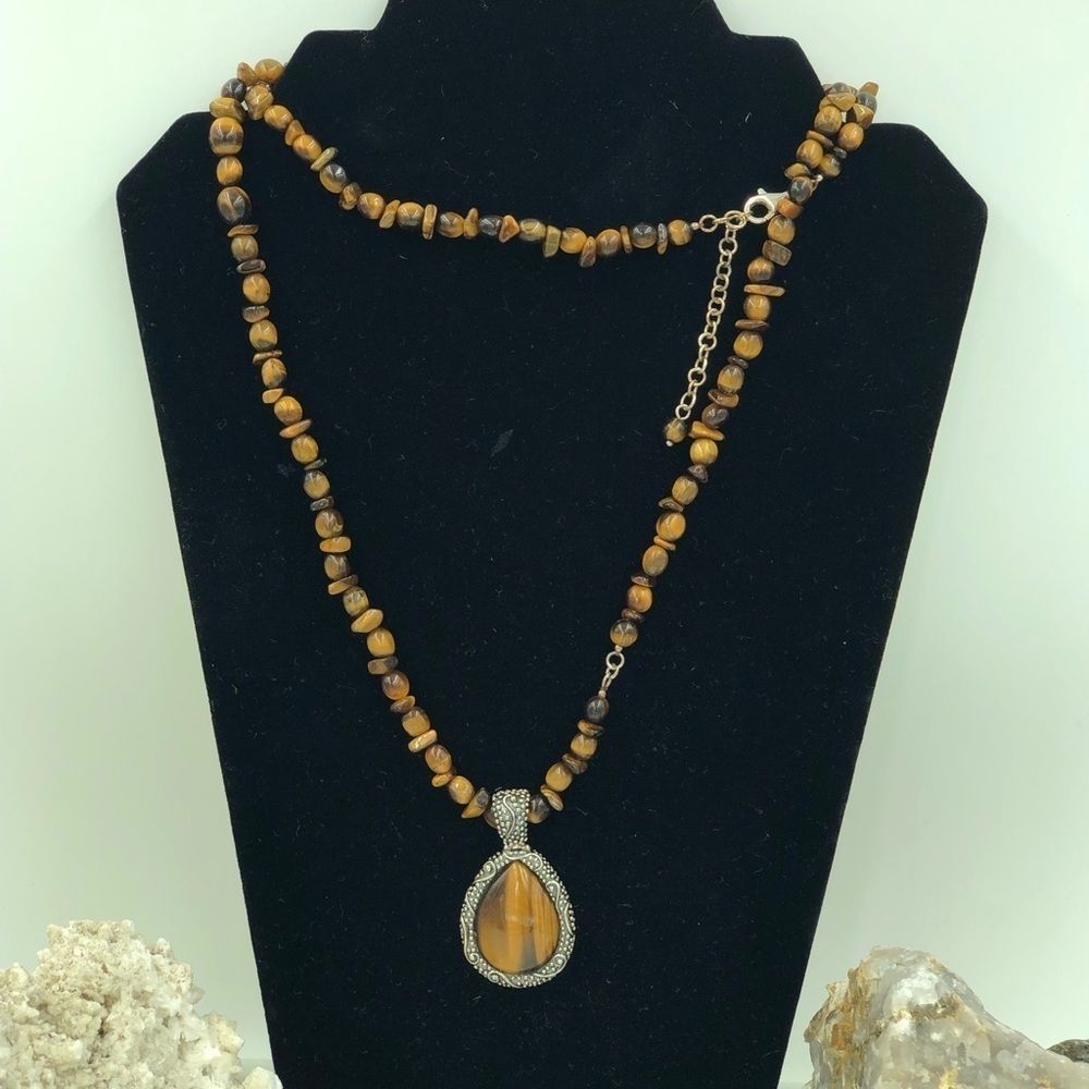 925 STER Tiger’s Eye Beaded Necklace/Pendant